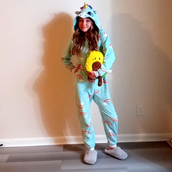 Big Girl's,Super Soft & Cute,Mint Green,🌈 Unicorn🦄,Hooded,Onsie, Zip Down,PJ's - Picture 1 of 17